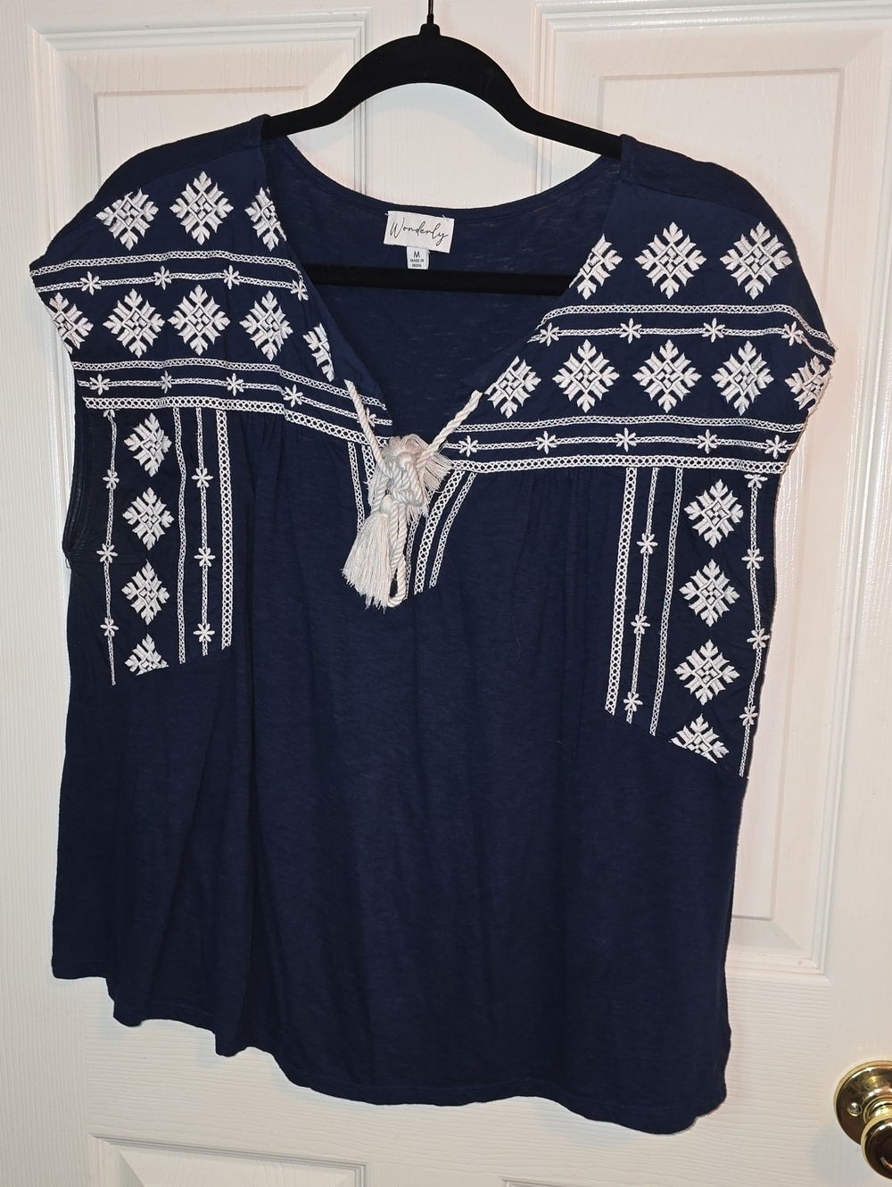 Wonderly Navy Tunic with White Embroidered Accents and Tassel Tie